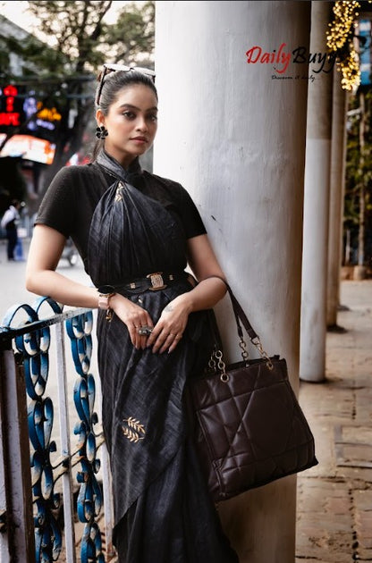 Grey Tussar Ghicha Hand Embroidered Pure Silk Mark Certified Tussar Silk Sarees