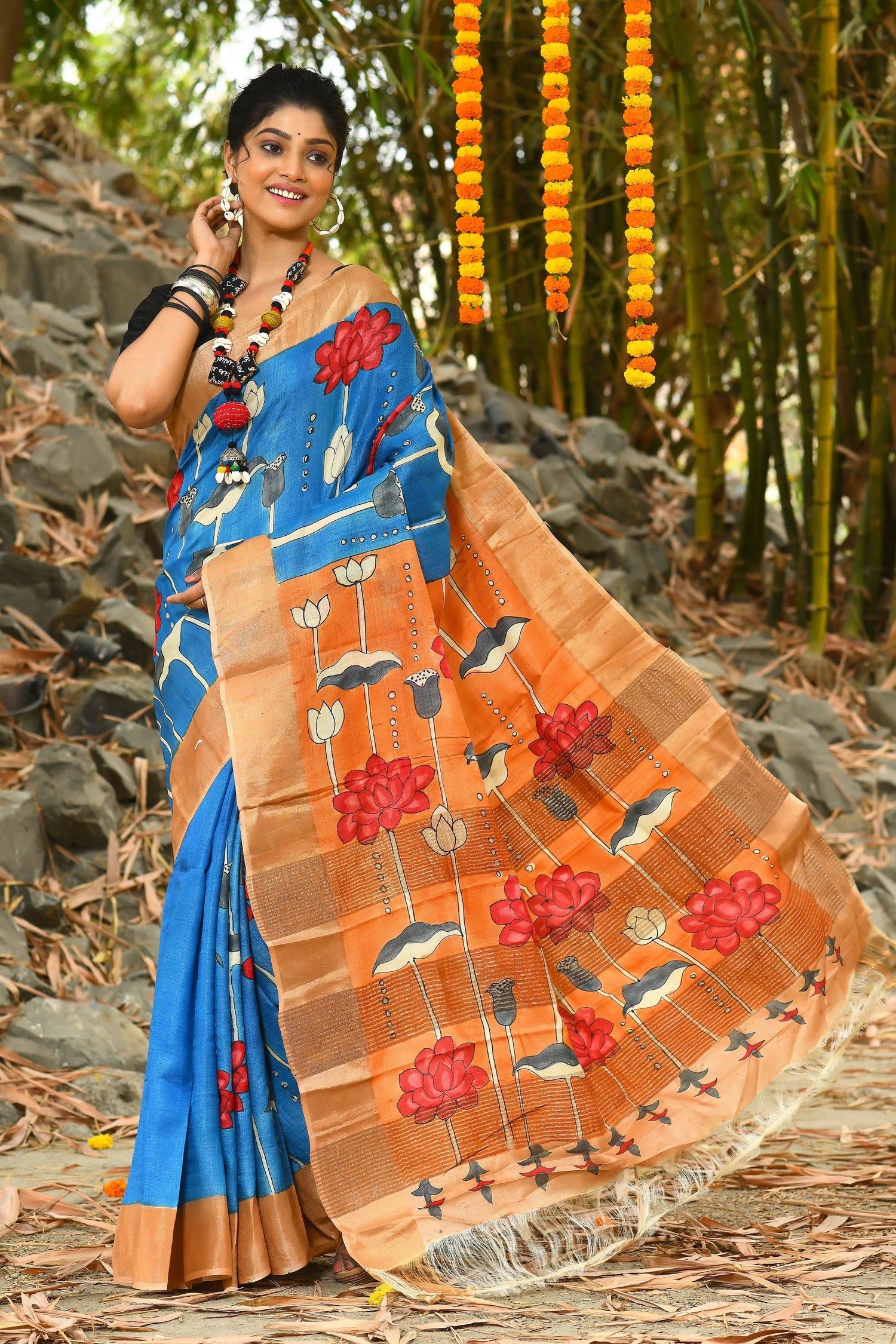 Beautiful Blue Floral Tussar Silk Sarees