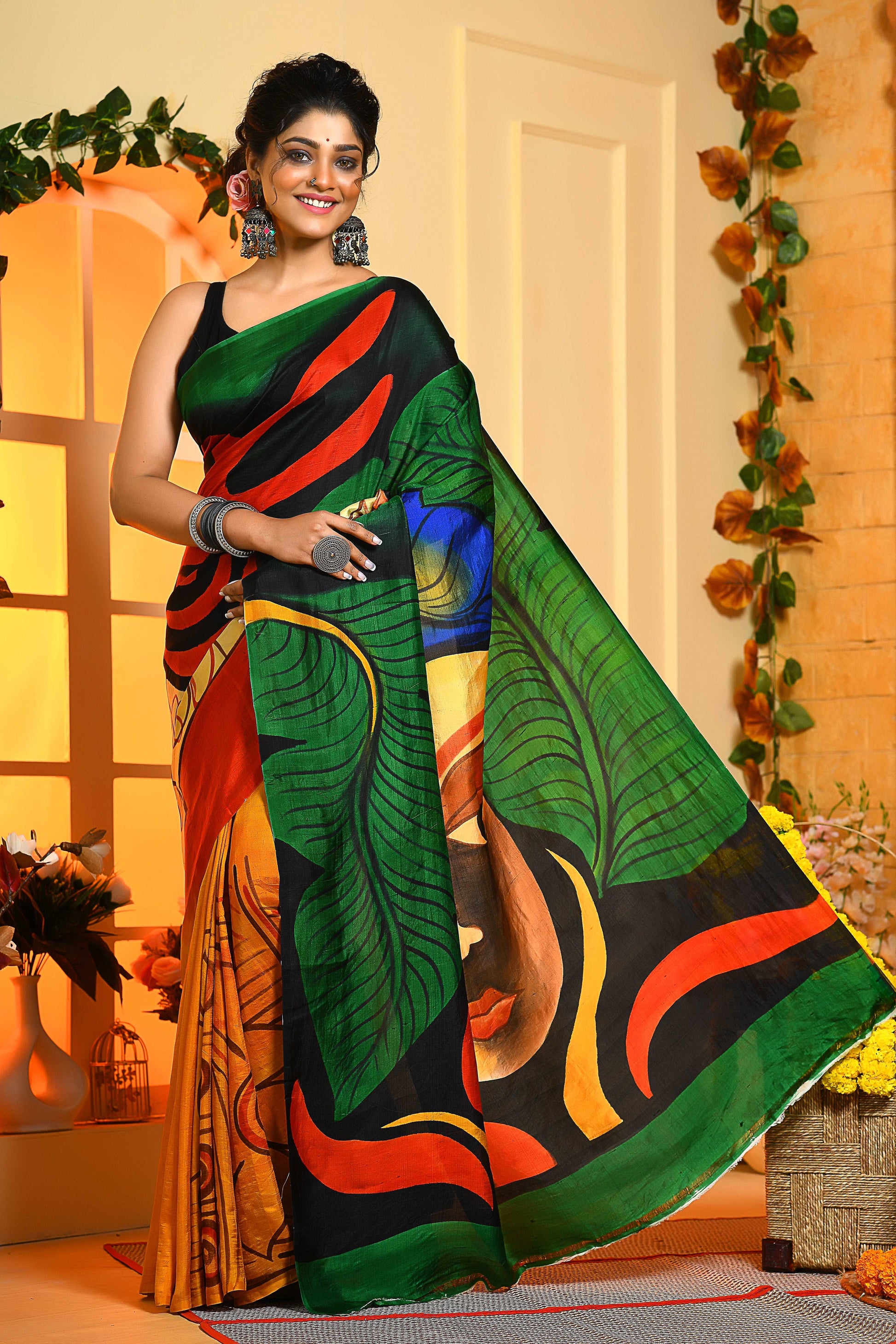 Beautiful Leaf  Morifs Hand Printed Handloom Pure Silk Sarees