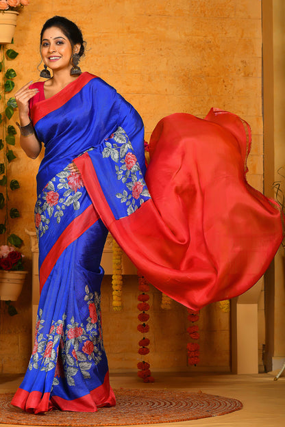 Beautiful Floral Design Hand Painted Handloom Pure Silk Sarees