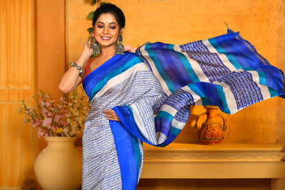 Beautiful blue scripted Printed Handloom Pure silk Sarees