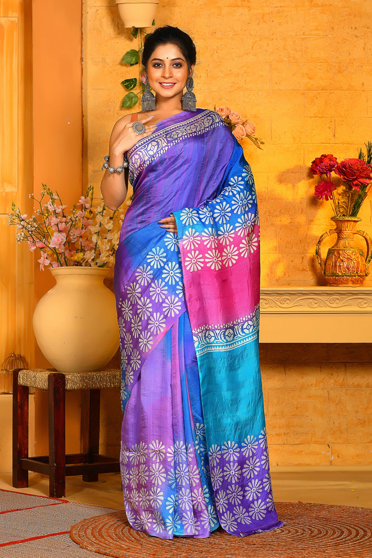 Beautiful Design Motif Block Printed Handloom Pure Silk Sarees