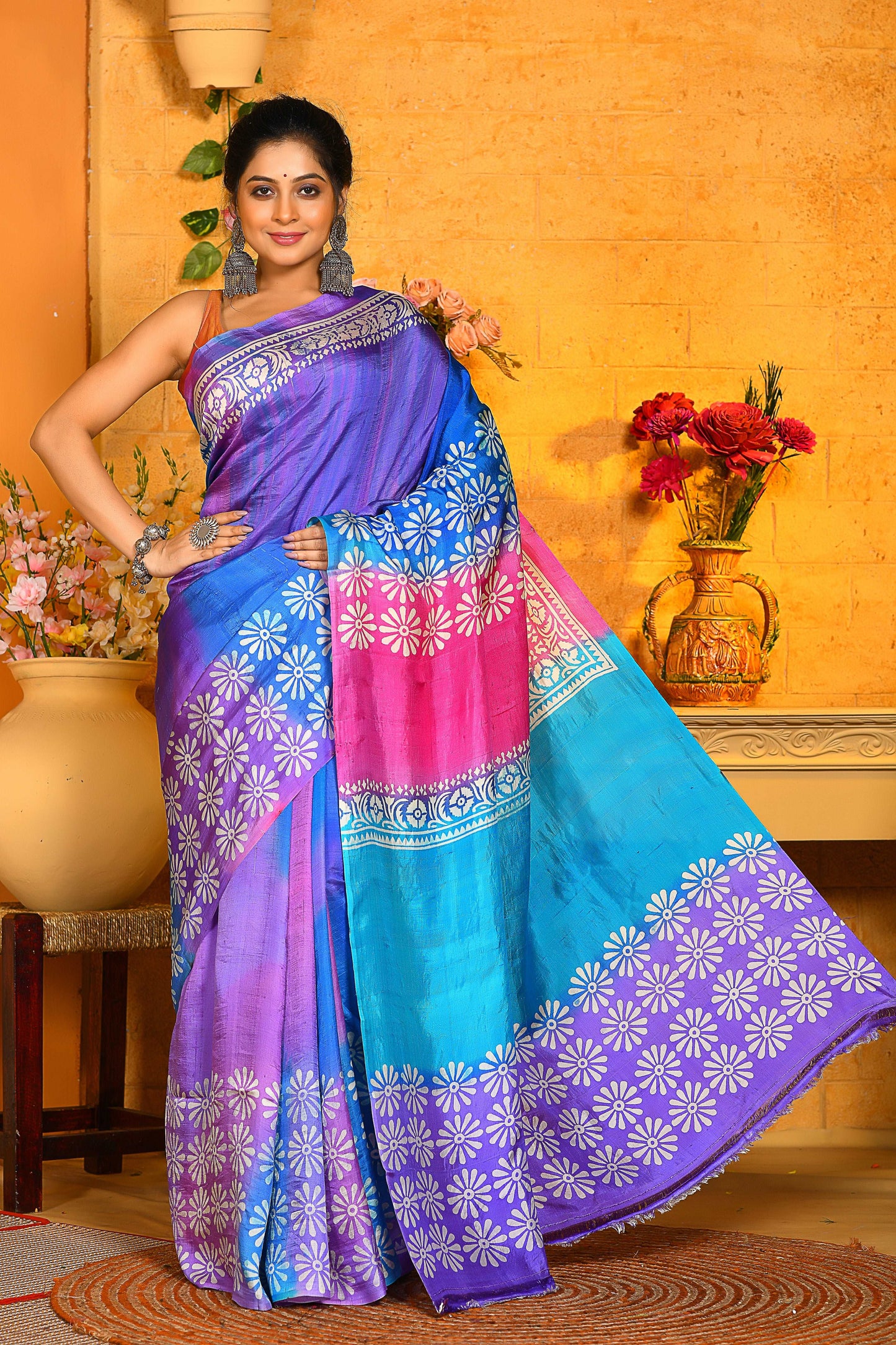 Beautiful Design Motif Block Printed Handloom Pure Silk Sarees