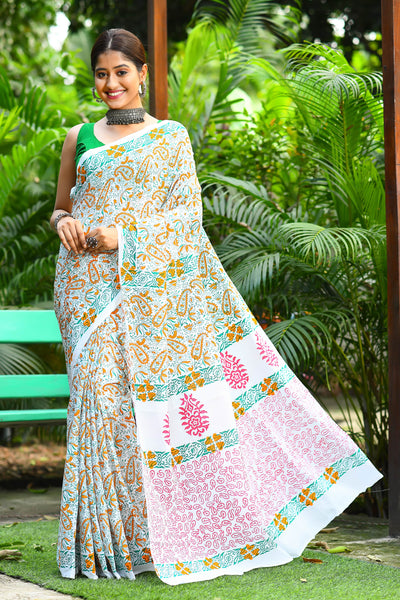 Designer Vegetable Dye Hand Block Print Cotton Mulmul Saree with Blouse