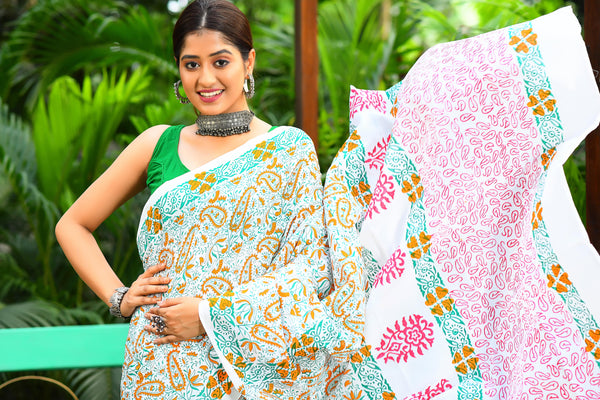 Multi Design Block Printed Pure Kerala Cotton Sarees – Dailybuyys