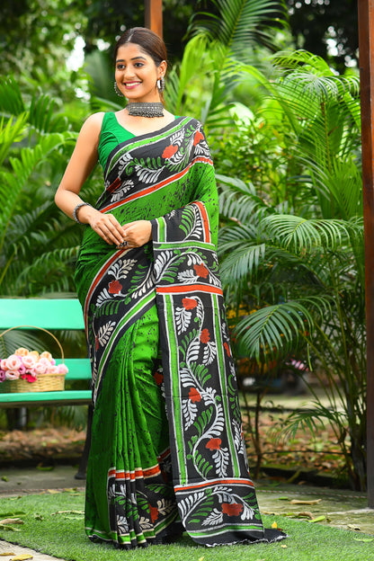 Green Hand Painted Pure Silk Sarees