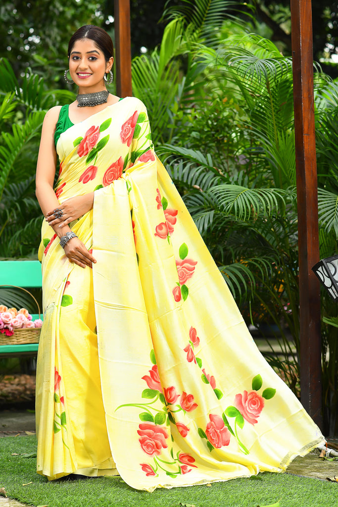 Yellow Hand Painted Pure Silk Sarees