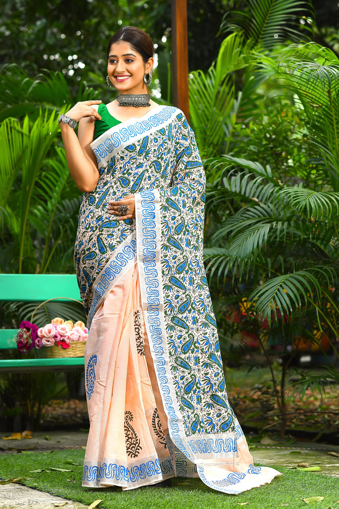 Blue Design Block Printed Kerala Pure Cotton Sarees