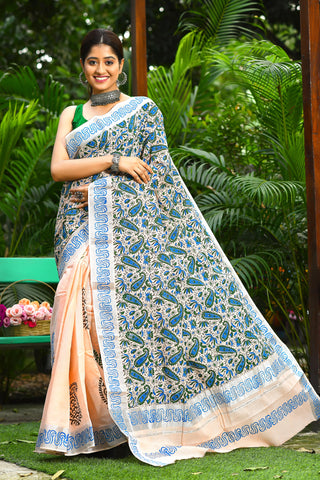Blue Design Block Printed Kerala Pure Cotton Sarees