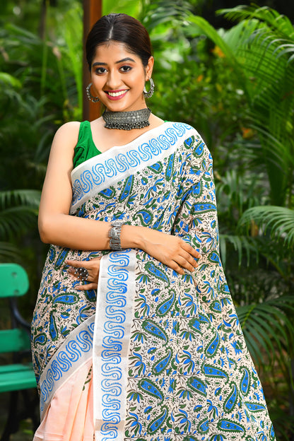 Blue Design Block Printed Kerala Pure Cotton Sarees