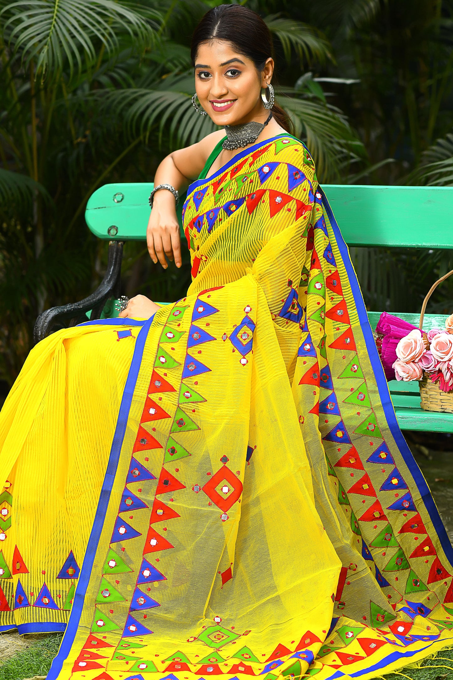 Chartreuse Yellow Mirror Work Handloom Sarees