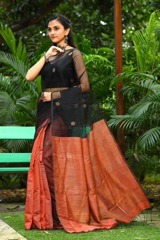 Yam Orange With Black Net Matka Silk Mark Certified Muslin Sarees Get Extra 10% Discount on All Prepaid Transaction