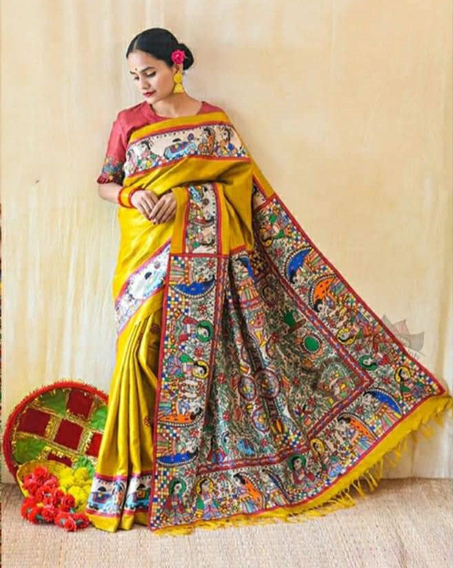 Yellow Printed Pure Silk Mark Certified Tussar Ghicha Silk Sarees