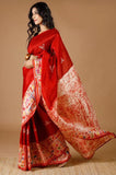 Red Hand Painted Batik Pure Silk Mark Certified Murshidabad Silk Sarees