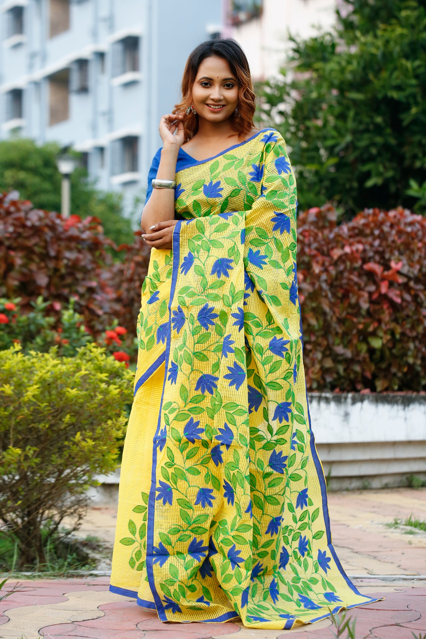 Yellow Applique Work Pure Cotton Handloom Sarees