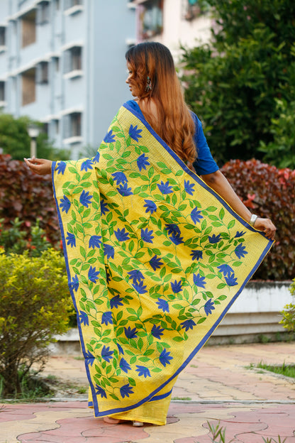 Yellow Applique Work Pure Cotton Handloom Sarees