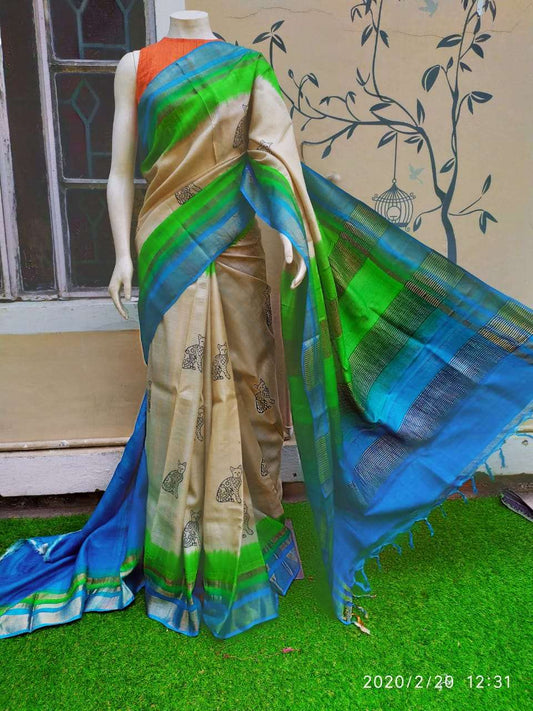 Beige Beautiful Block Print Zari Border Pure Silk Mark Certified Tussar Silk Sarees