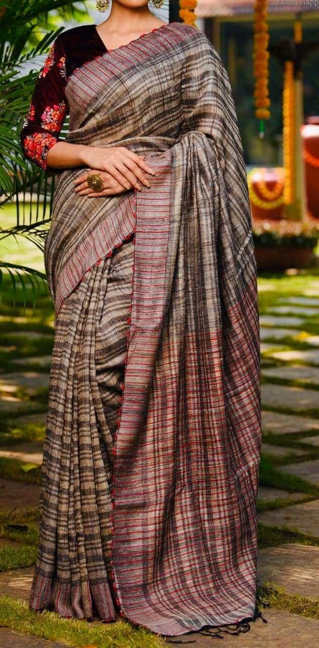 Beige Grey & Red Pure Ketia Silk Handloom Saree