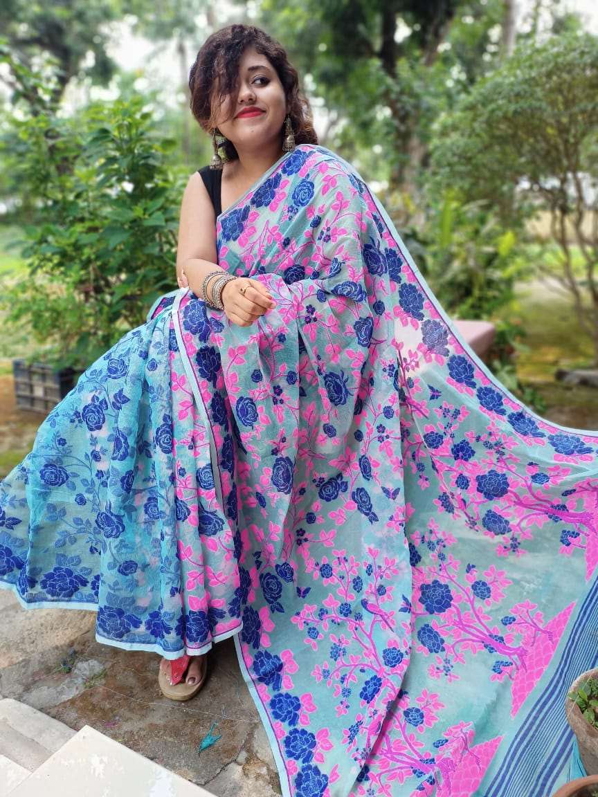 Beige Blue And Pink Rose Printed Pure Pure Cotton Pure Pure Cotton Dhakai Jamdani Sarees