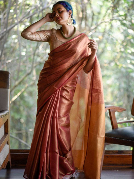 Beige Peach  With Golden Pallu Handwoven Pure Tissue Pure Linen Sarees