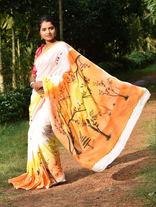 Beige Orange Hand Painted Pure Silk Mark Certified Bishnupuri Silk Sarees