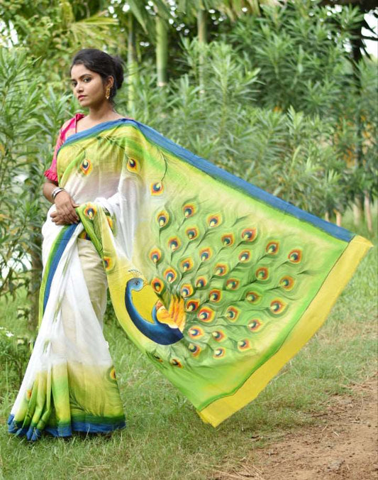 Beige Green Hand Painted Pure Silk Mark Certified Bishnupuri Silk Sarees