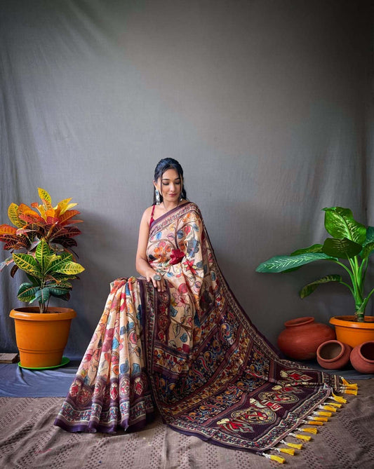 Beige Multi Color Cotton Handloom Kalamkari Sarees (Add to Cart Get 15% Extra Discount