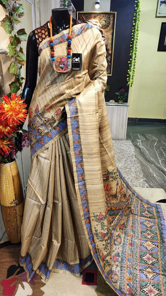 Beige Yellow Madhubani Printed Pure Silk Mark Certified Tussar Ghicha Silk Sarees