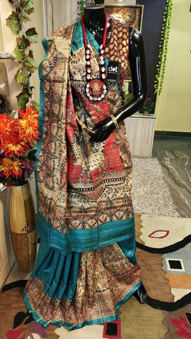 Tiffany Blue Madhubani Printed Pure Silk Mark Certified Tussar Ghicha Silk Sarees