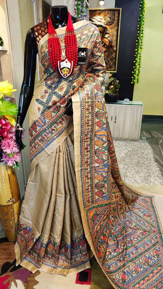 Beige Golden Madhubani Printed Pure Silk Mark Certified Tussar Ghicha Silk Sarees