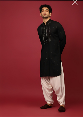 Black Chickankari Punjabi Kurta & Pyjama Set