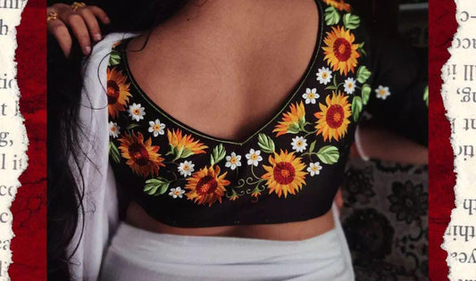 Black Floral Embroidered Boat Neck Blouses