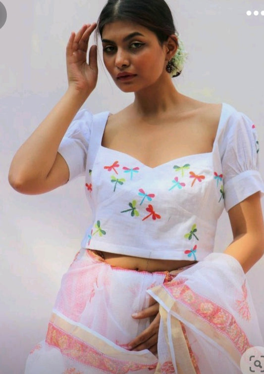 White Embroidered V Neck Blouses