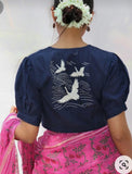Navy Blue With White Embroidery Boat Neck Blouses