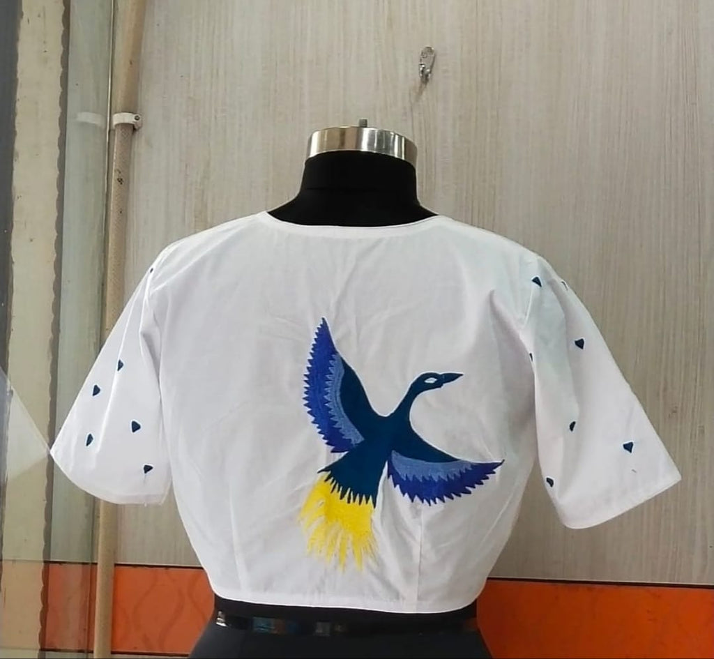 White With Blue Design Boat Neck Blouses
