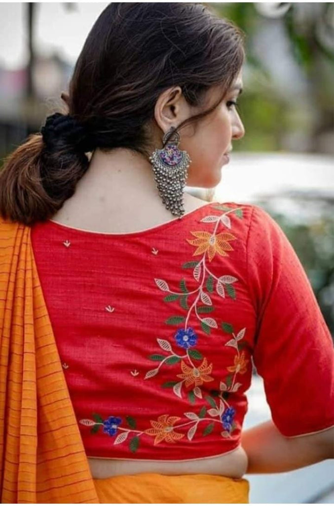 Red With Floral Embroidery Boat Neck Blouses – Dailybuyys