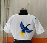 White With Blue Design Boat Neck Blouses