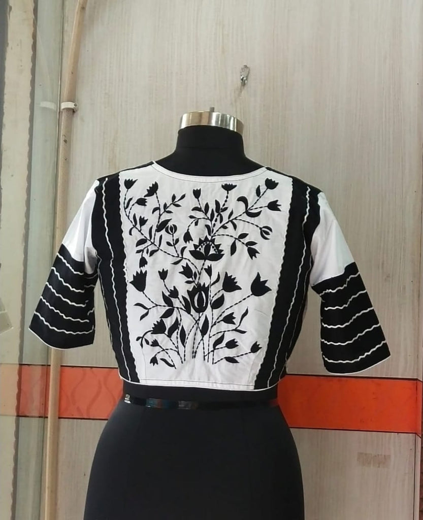 White With Black Floral Embroidery Boat Neck Blouses