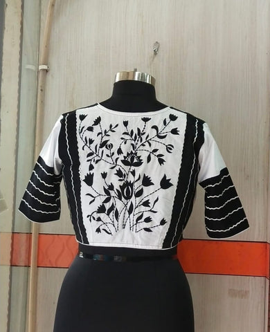 White With Black Floral Embroidery Boat Neck Blouses