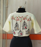 White With Black and Red Embroidery Boat Neck Blouses