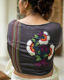 Graphite Violet With Floral Embroidery Boat Neck Blouses