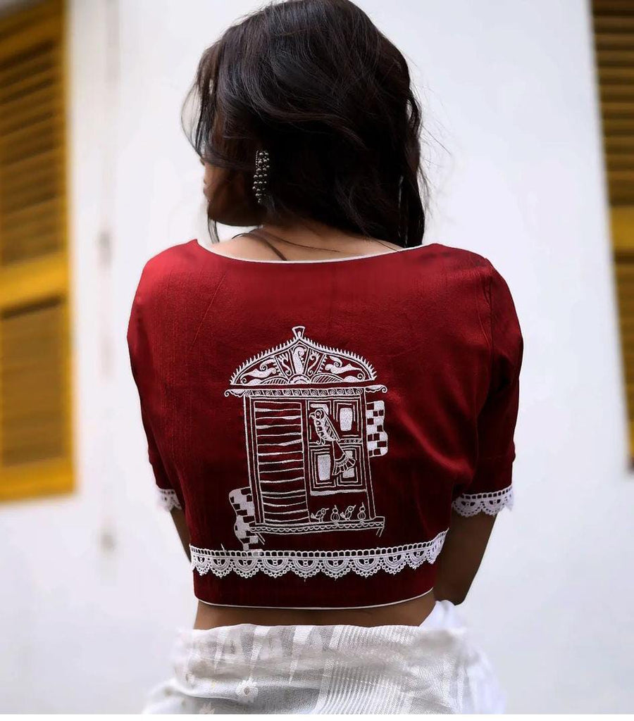 Maroon Red With White Embroidery Boat Neck Blouses