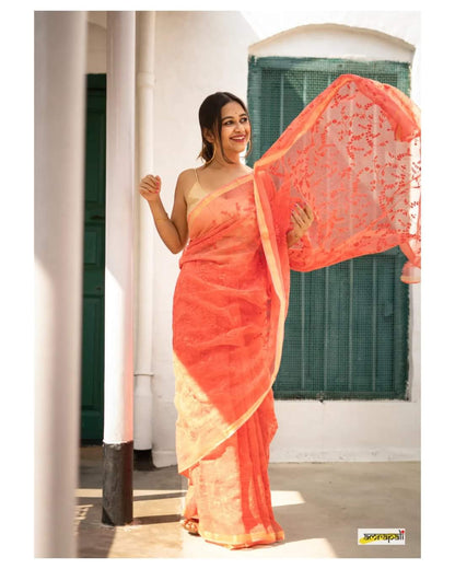 Coral Pink Pure Linen Sarees