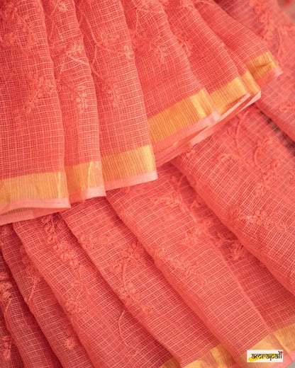 Coral Pink Pure Linen Sarees