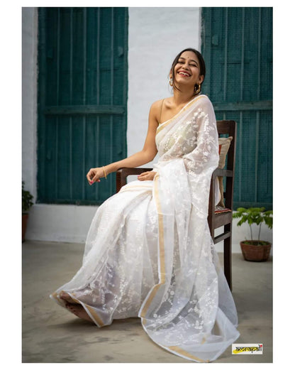 Pearl White Pure Linen Sarees