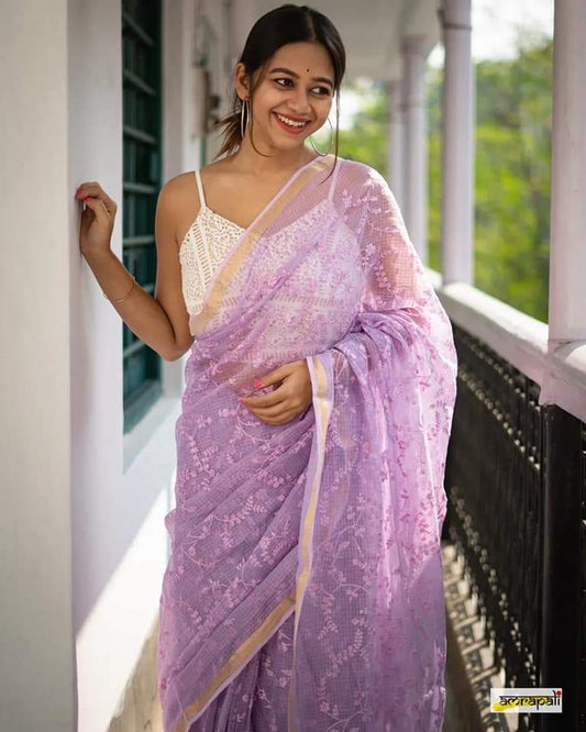 Periwinkle Purple Pure Linen Sarees