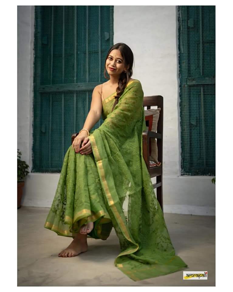 Pear Green Pure linen Sarees