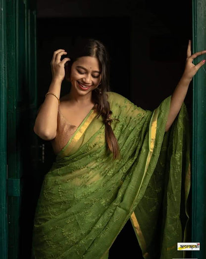 Pear Green Pure linen Sarees