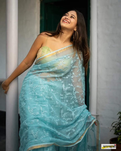 Light Blue Pure Linen Saree