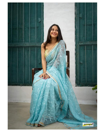 Light Blue Pure Linen Saree